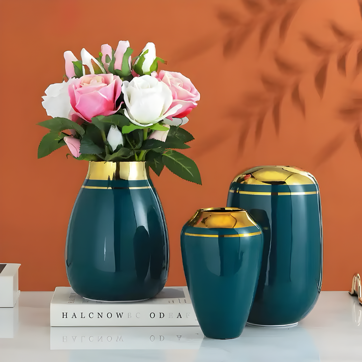 Cascade Vase Aesthetic Design Green Polish with Gold Finishing