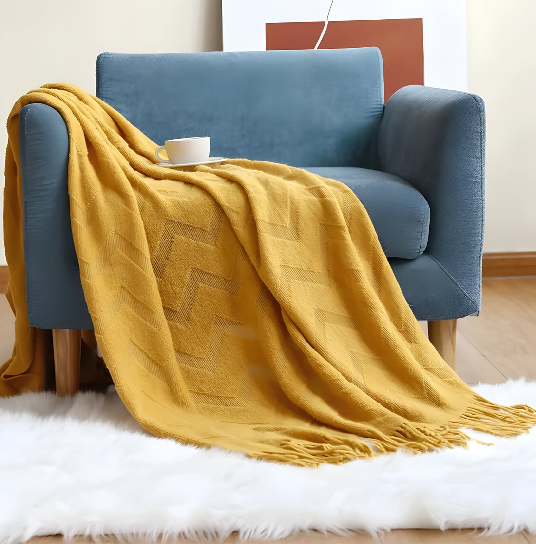 Caldo Zig-Zag Textured Blanket with Tassels